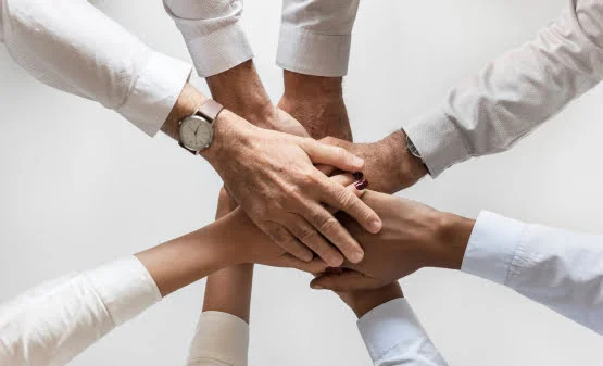 Team collaborating around a table